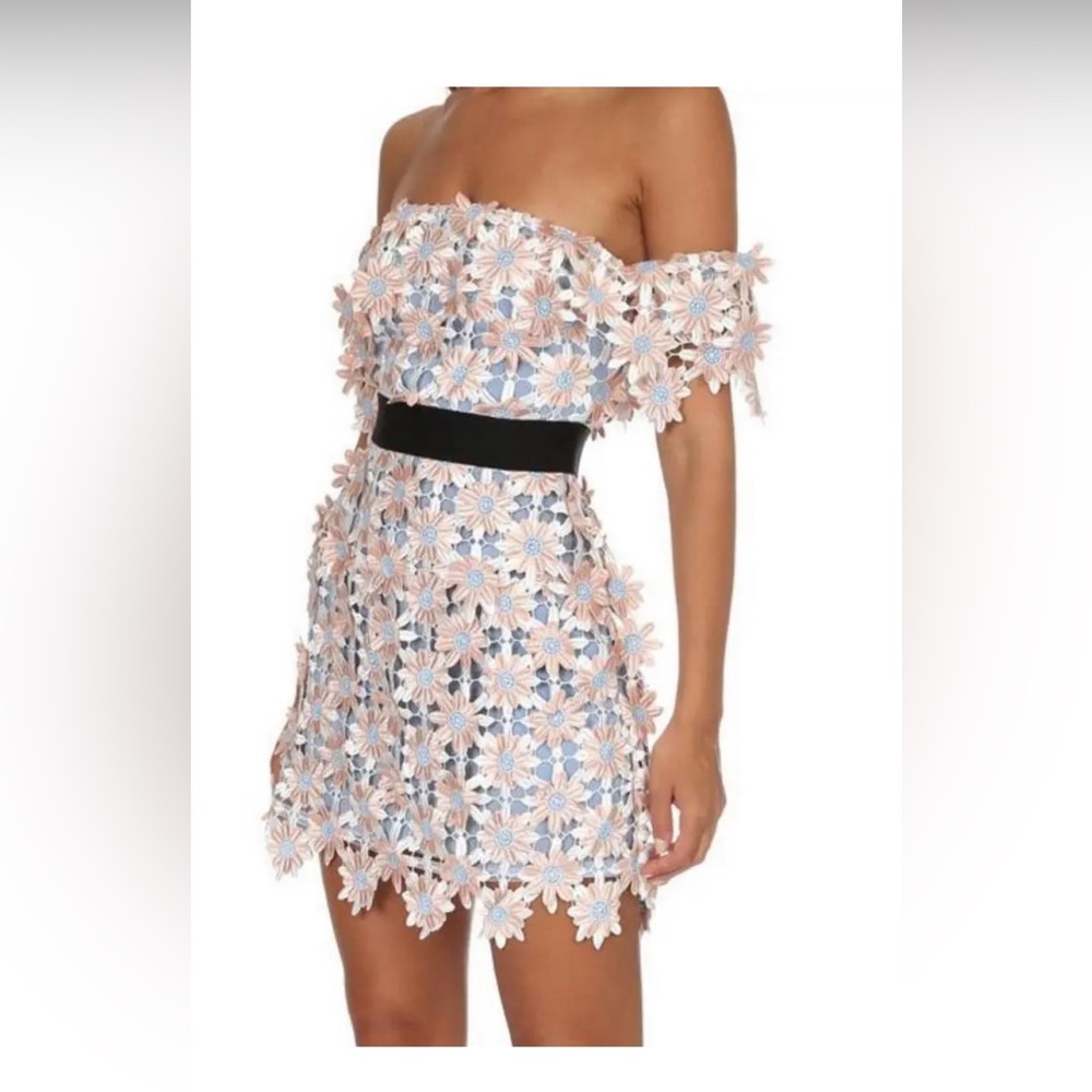 Self-Portrait Pink Off Shoulder 3D Floral Mini Dress Size 2 US/6 UK